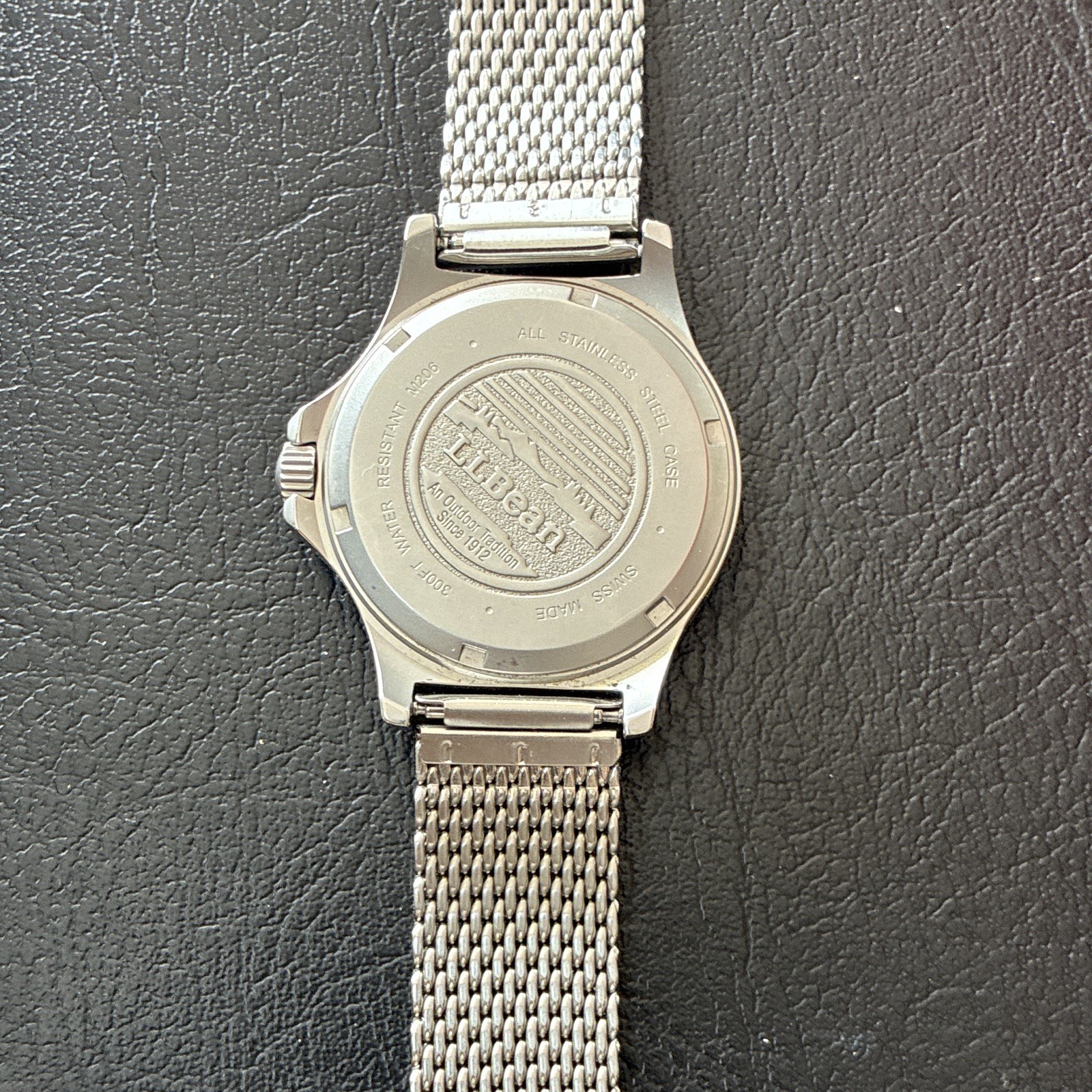 L.L.Bean Swiss Quartz Wristwatch Black Dial Date Silver Stainless Mesh 300ft