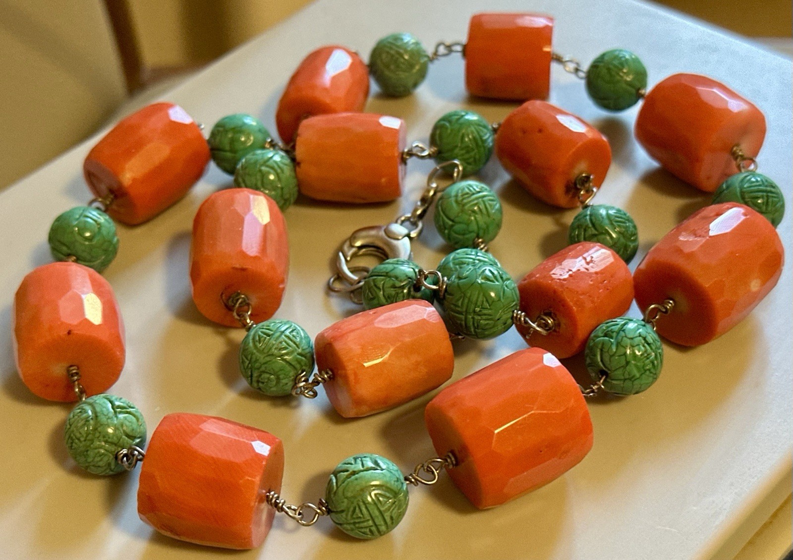 PINK CORAL NECKLACE MATCHING FACETED BEADS-TURQUOISE-SILVER 925-80 CM