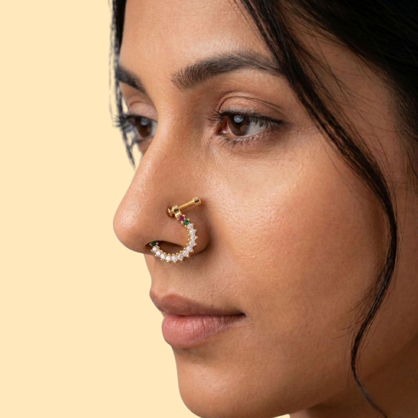 Gold Plated CZ Indian Nose Ring Set: Bridal Nath, Non-Piercing Clip On