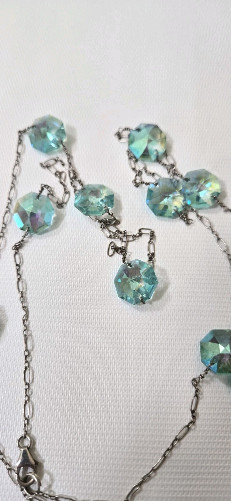 Vintage 925 Starling Silver Blue Crystal 41″ Long Station Necklace