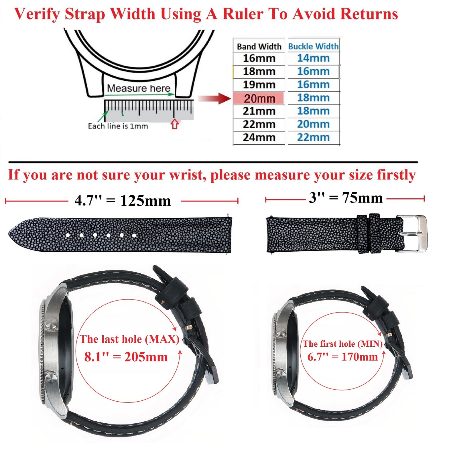20mm Blue Leather Watch Strap Men Genuine Stingray Leather Watch Band Luxury