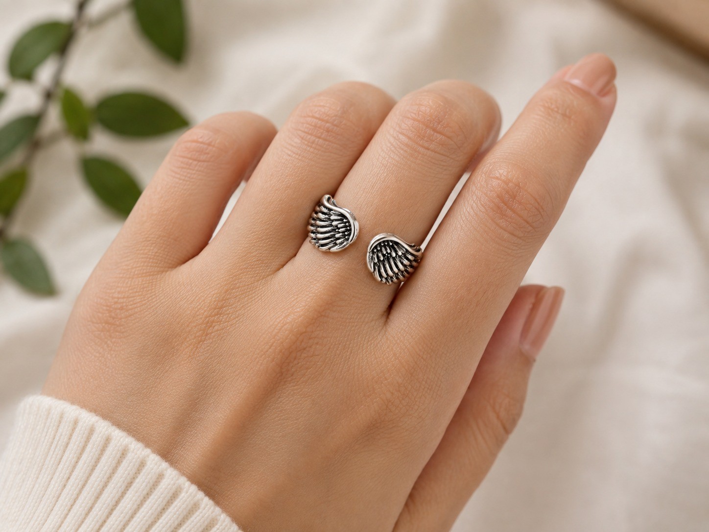 925 Sterling Silver Angel Wing Adjustable Open Ring Vintage Feather Band