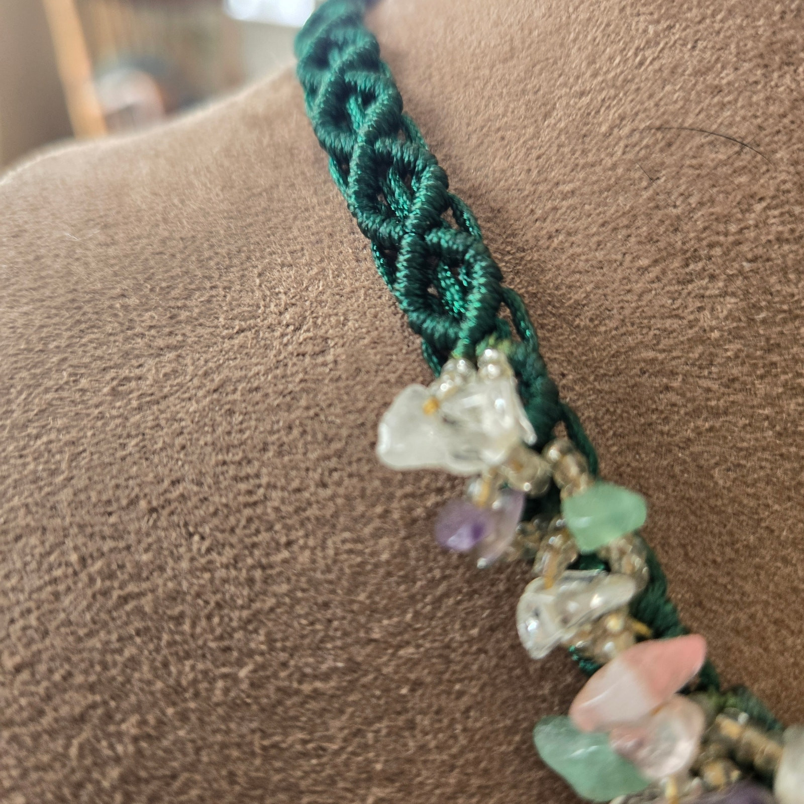 Vintage Semi- Precious-stones Floral Beaded Green Macrame Adjustable Necklace