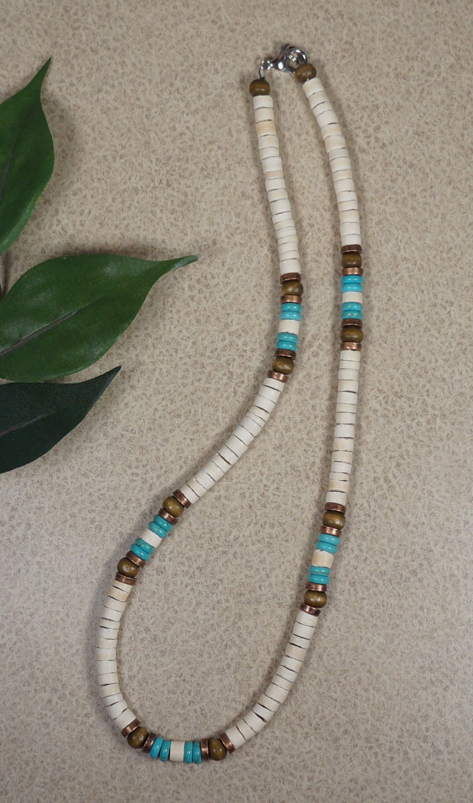 Unisex Off White Coco Shell & Turquoise Handmade Beaded Necklace, Length Choices