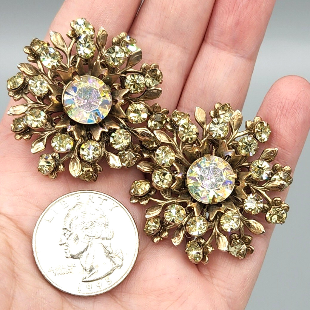 Large Jonquil and Aurora Borealis Rhinestone Gold Tone Fiigree Clip Earrings