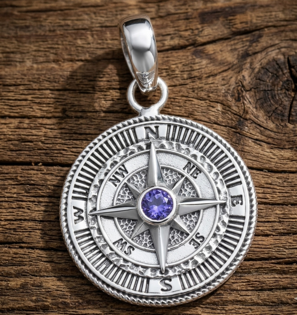 Pure Brass Nautical Compass Pendant Purple Amethyst Handmade Gift Jewelry For .