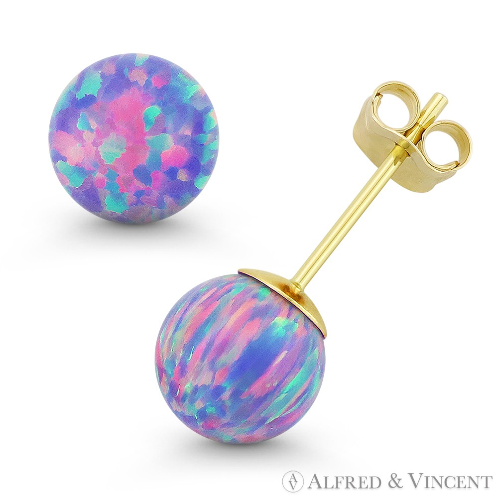 Fiery Lavender Synthetic Opal Round 14k Yellow Gold Pushback Ball Stud Earrings
