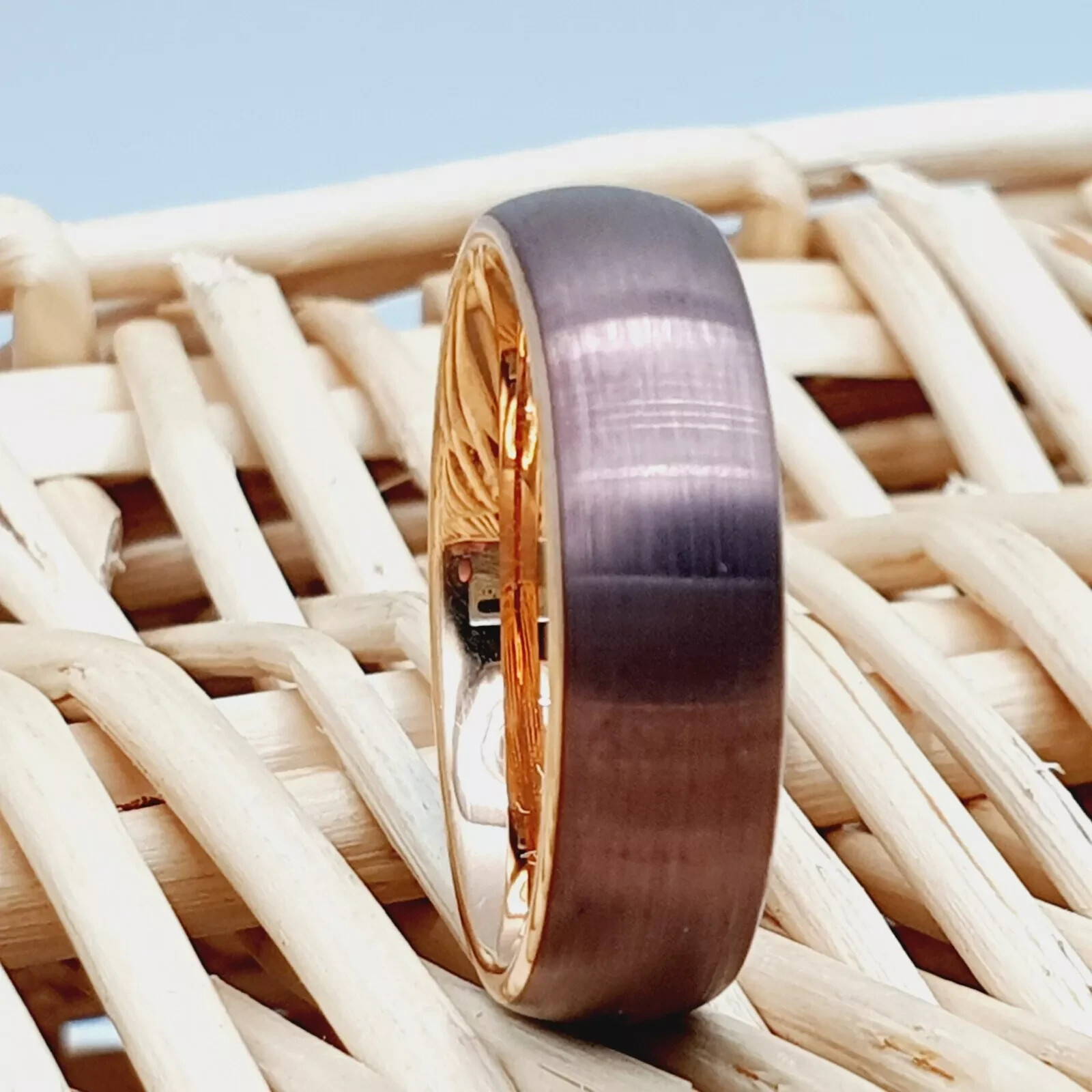 Brown & Rose Gold Tungsten Wedding Promise Rings Unique Brushed Matte Outside