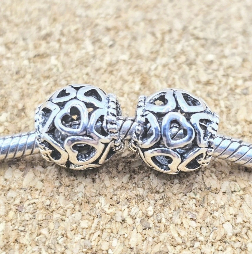 2 X Authentic Open Heart Love All Over Silver Spacer European Charm Beads Lot