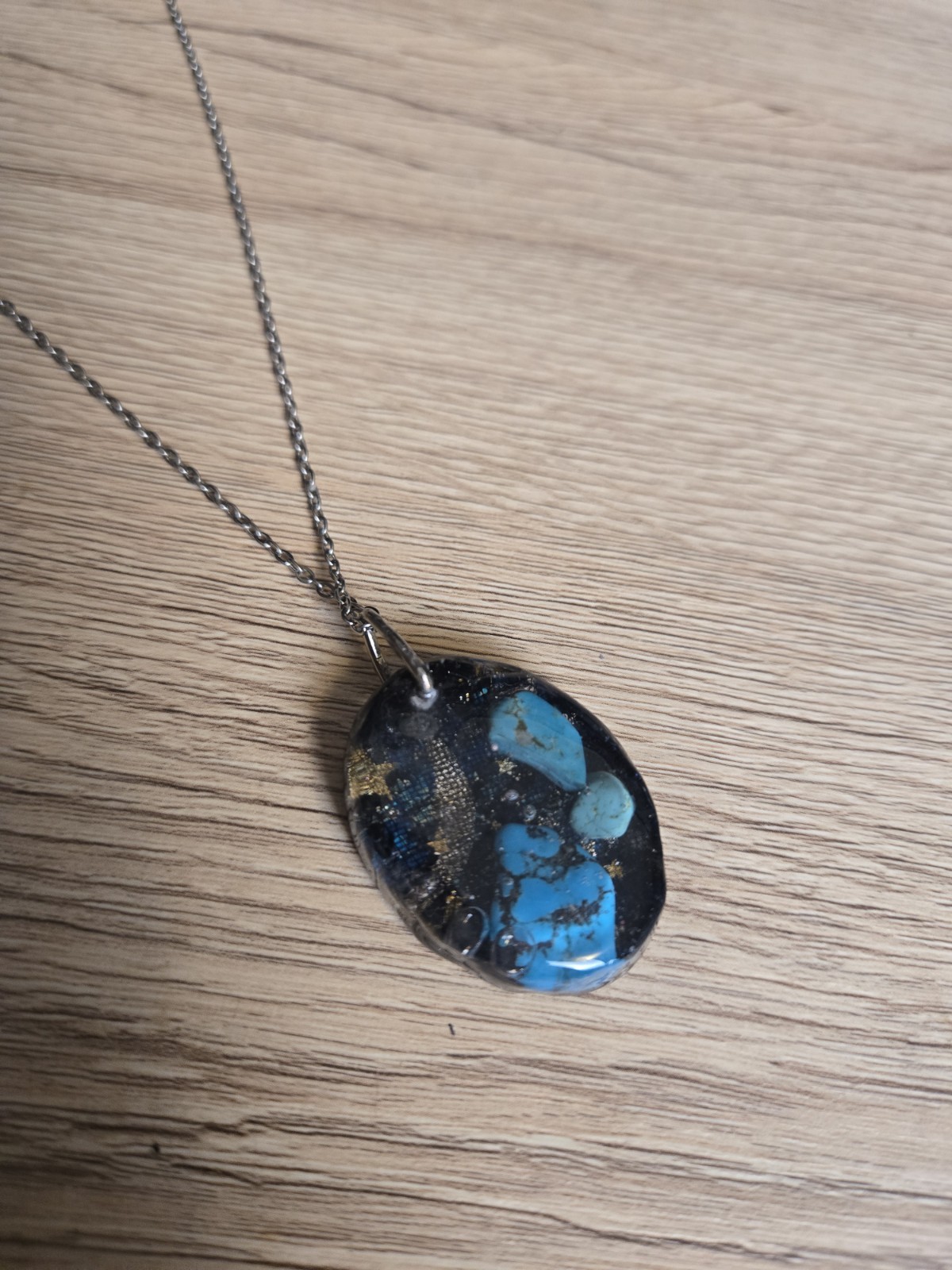 Turquoise Galaxy Resin Pendant Artisan Necklace 20 Inch Stainless Steel Chain