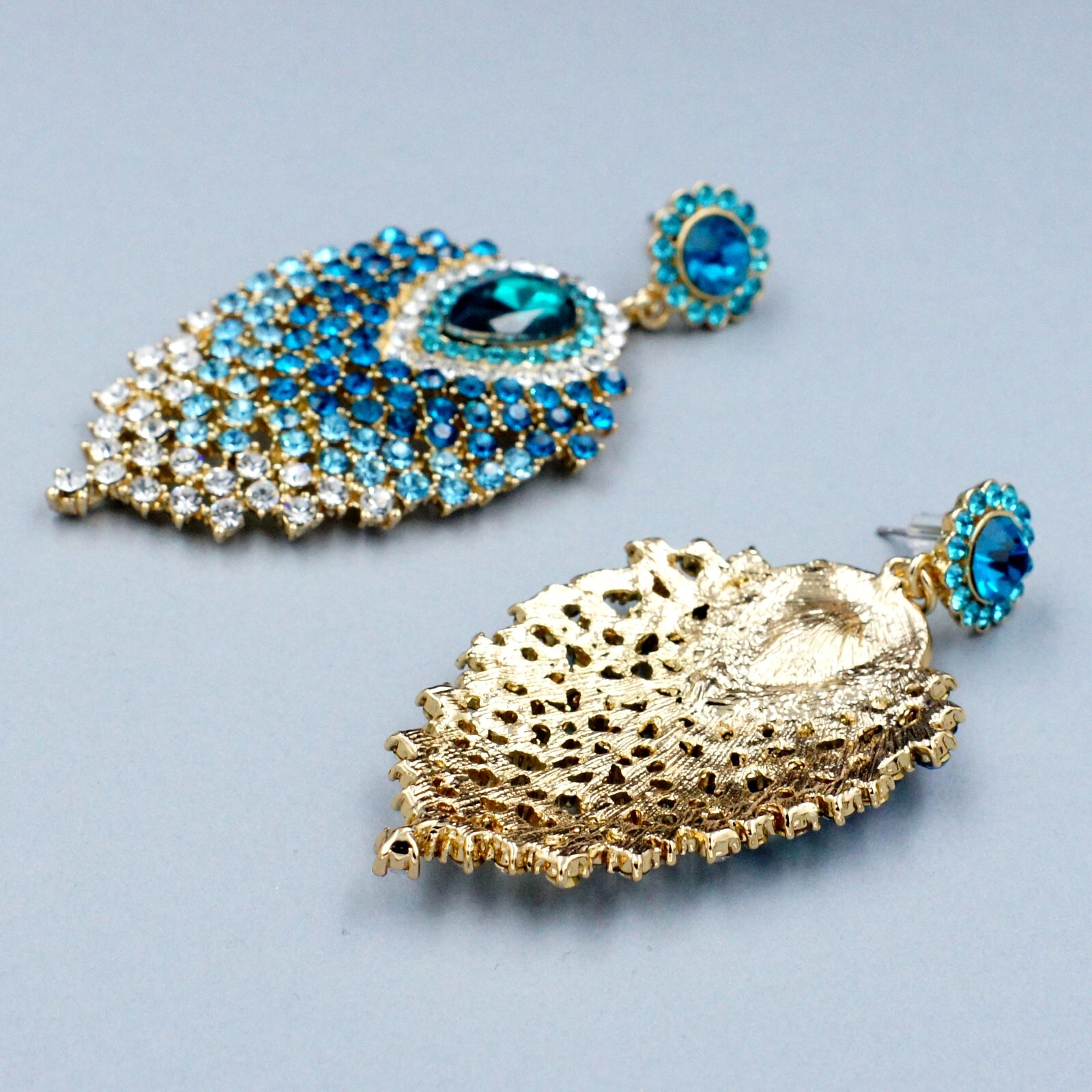 Women Gold Plated Aqua Blue Crystal Peacock Feathers Drop Dangle Earrings 04677