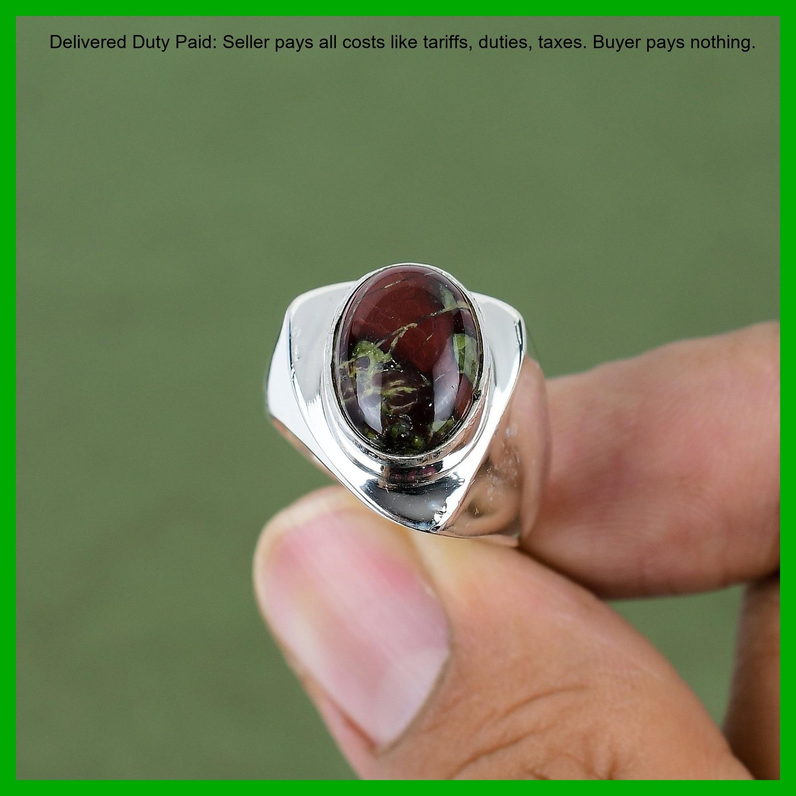 925 Silver Oval Natural Dragon Bloodstone Unique Bezel Artisan Wife Promise Ring