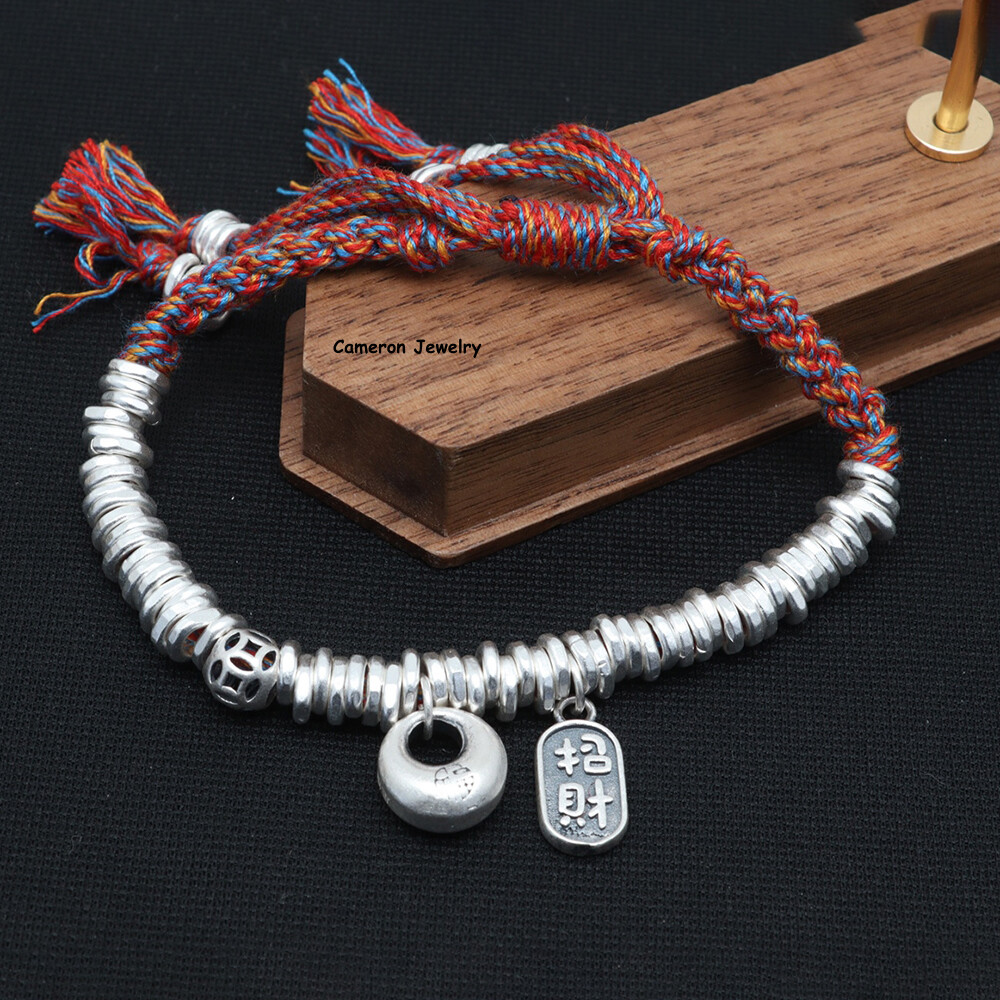 Pure S999 Fine Silver Chain Wealth Oblong Lock Abacus Beads Bracelet 26-27g