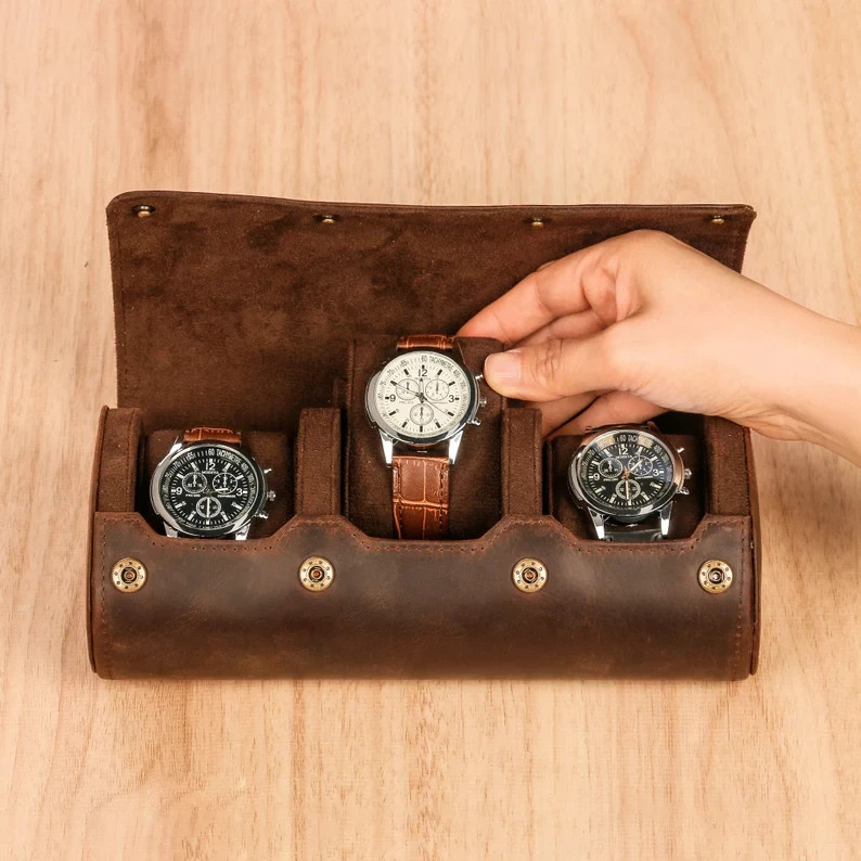 Personalized Leather Watch Case for 3 Watches, Handmade Travel Watch roll,