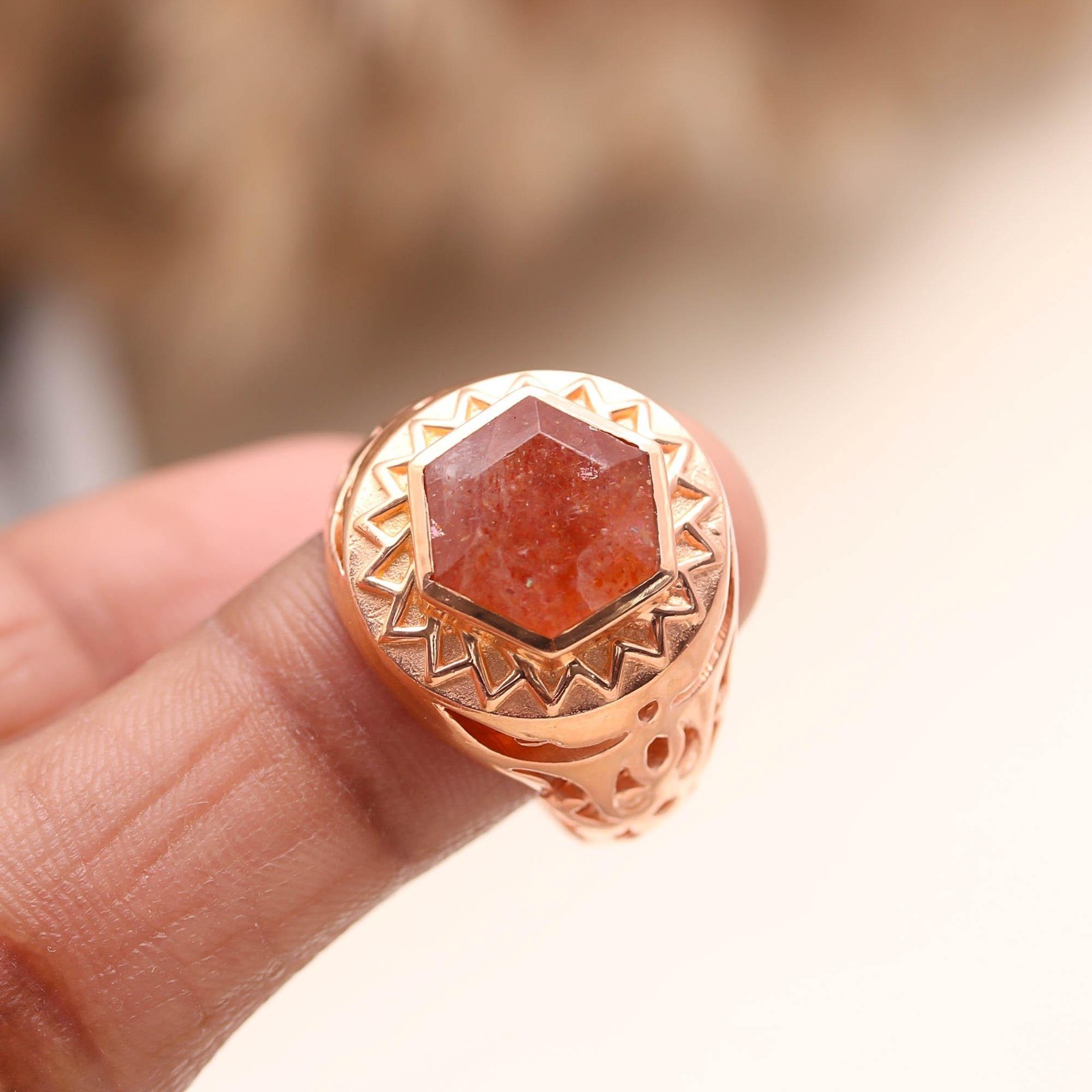 Natural Red Strawberry Hexagon Ring Rose Gold Fill 925 Sterling Silver Jewelry