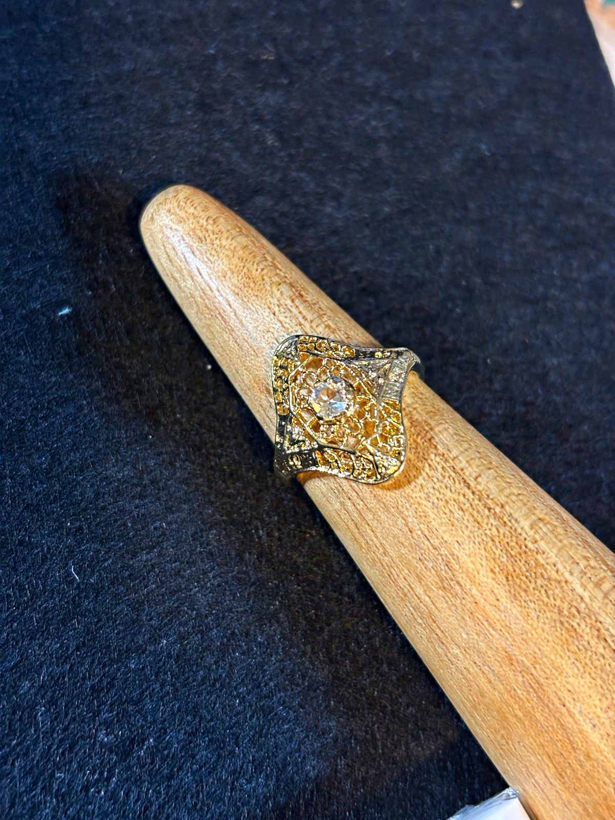 Gold Tone Filigree Cocktail Ring Round White Crystal Bezel Set Size 7