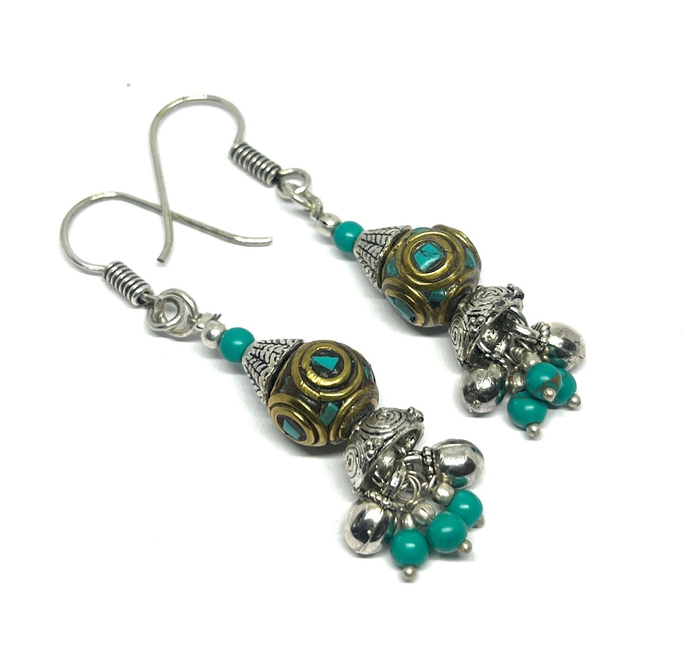 Green Turquoise Gemstone Tibetan Traditional Boho Earring Jewelry, 1.8 Inch