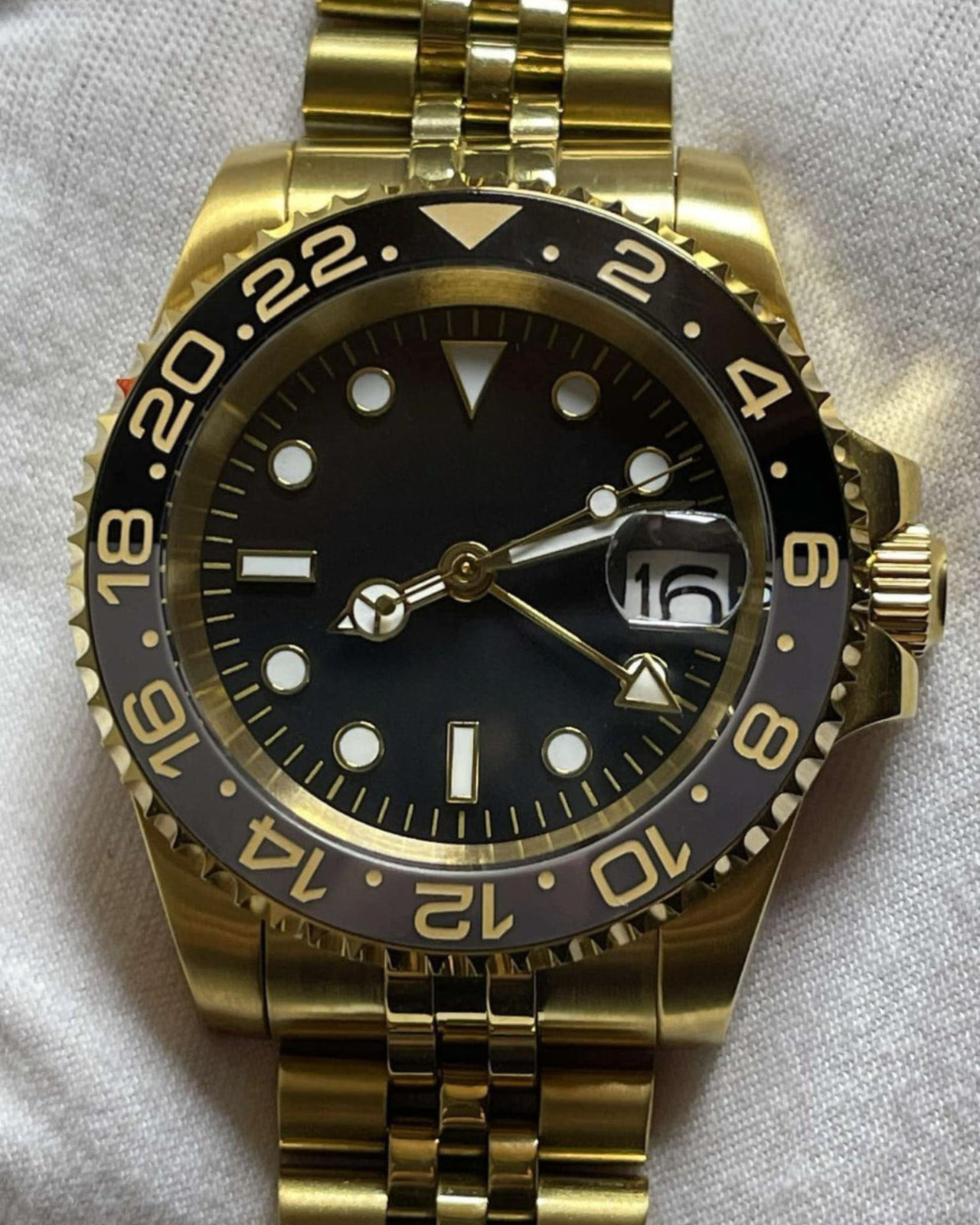 PrimeCrown Gold GMT Watch | Black 24h Bezel | Authentic Seiko NH34 Movement