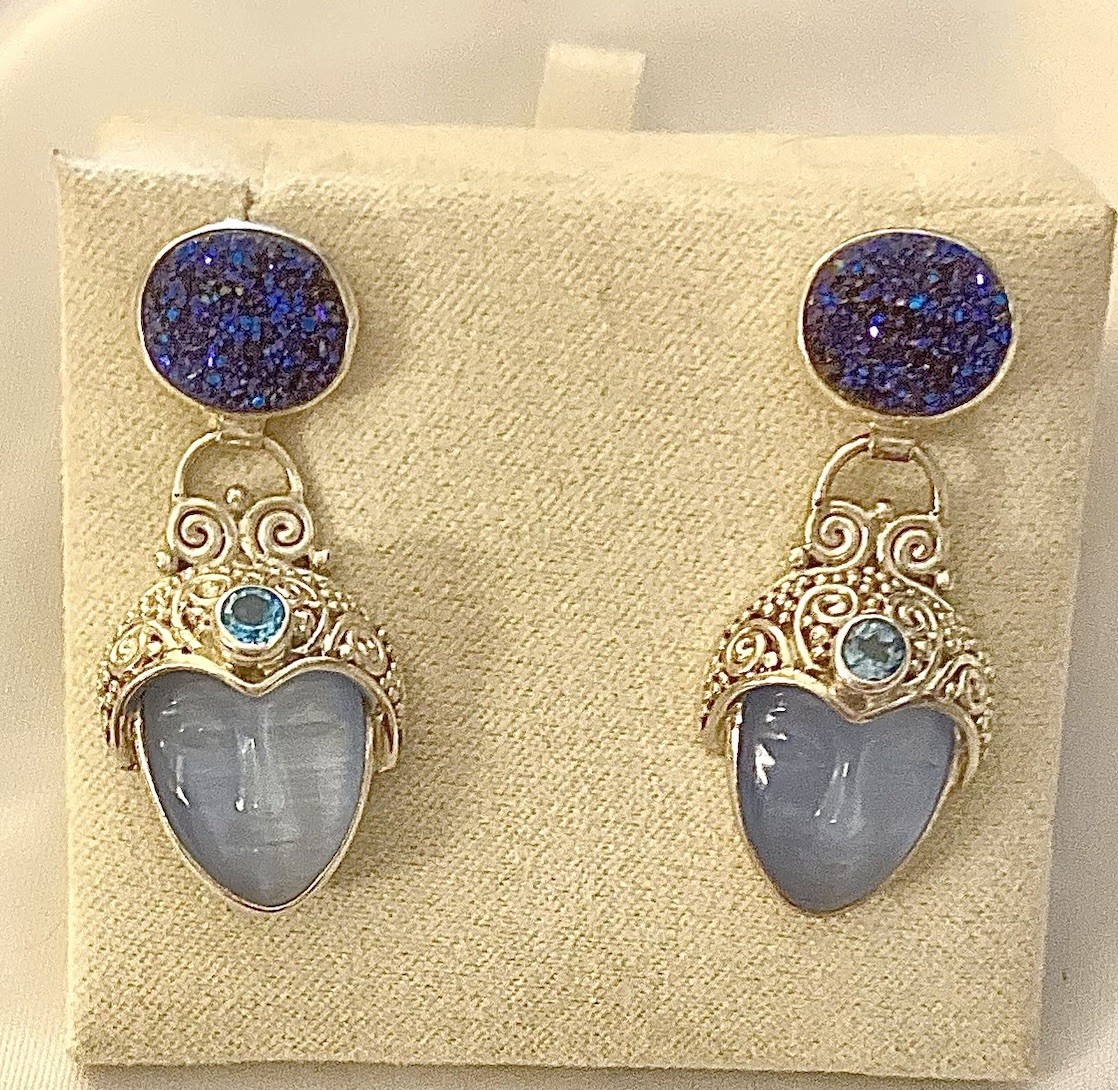 Vintage Sajen 925 Sterling Silver Carved Goddess Face Druzy, Topaz Earrings