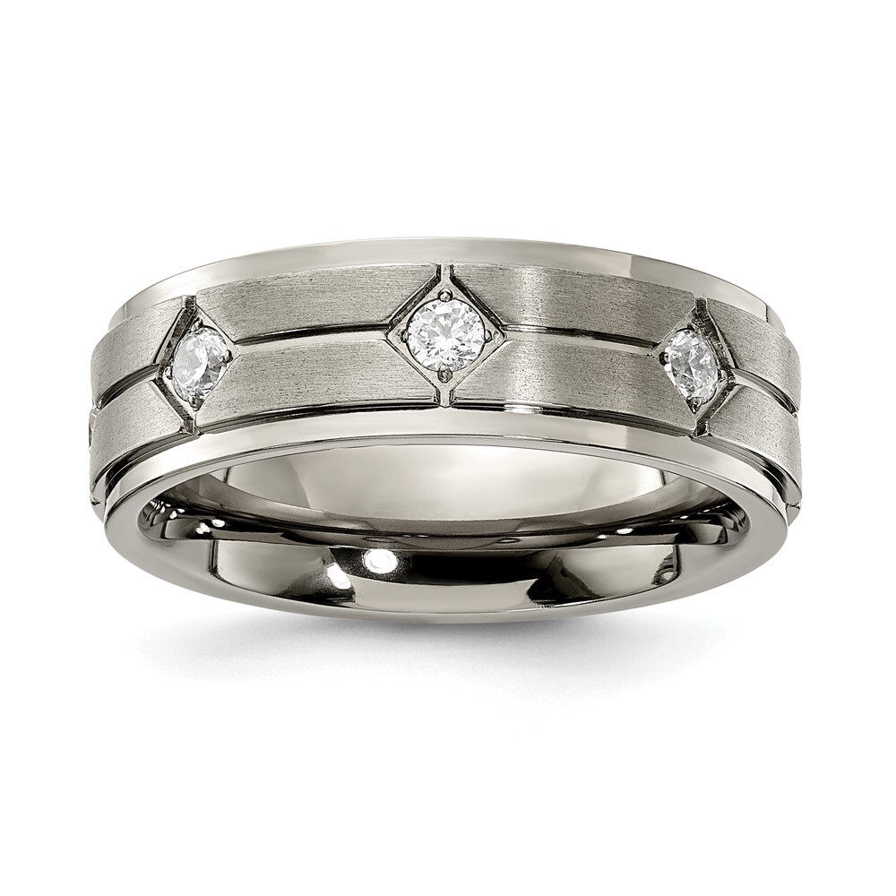 Titanium Brushed Center with Cubic Zirconia 7.00mm Band Ring Size 10