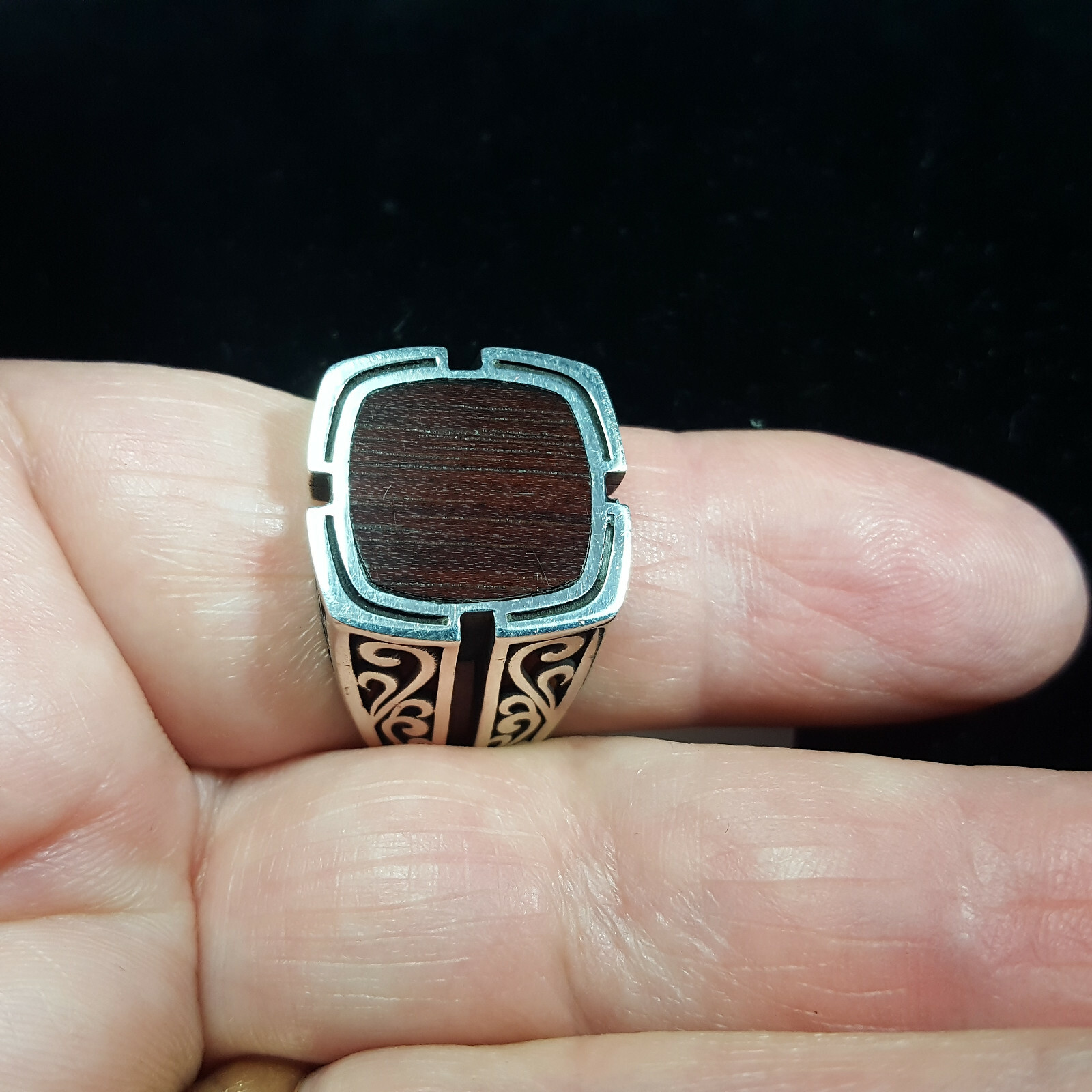 Mens Wood Inlay 925 Solid Sterling Silver Ring Size 10 SS