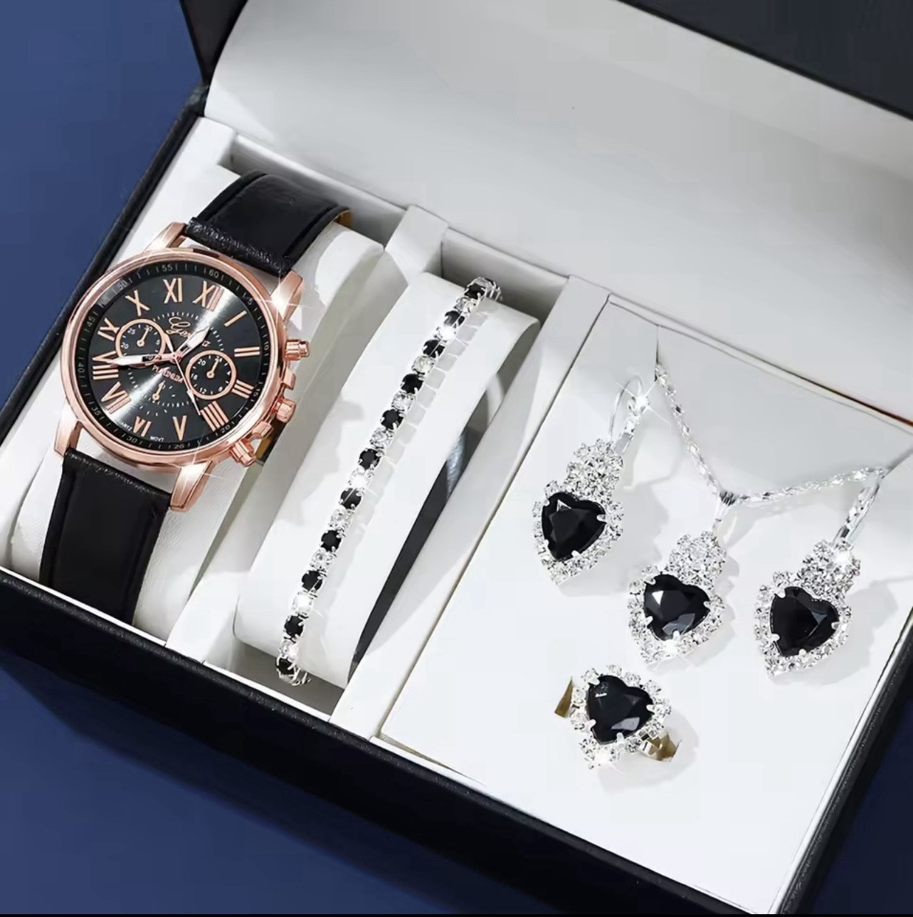 Black Heart Jewelry Set Watch Bracelet Necklace Ring Earrings Silver Rose Gold