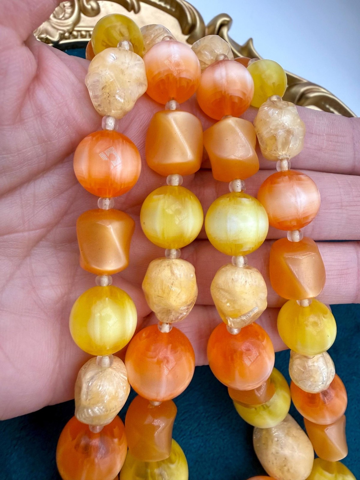 Vintage Coro Moonglow Lucite Necklace, 1950s Fruit Salad Beads, Orange Yellow Bu