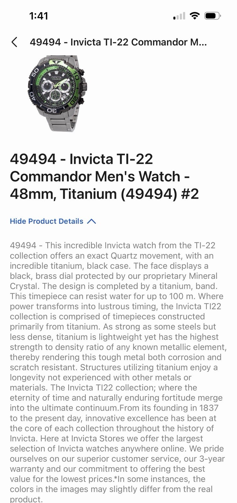 Invicta TI-22 Commander Men’s Quartz Chronograph 48mm Titanium 100m Black/Green