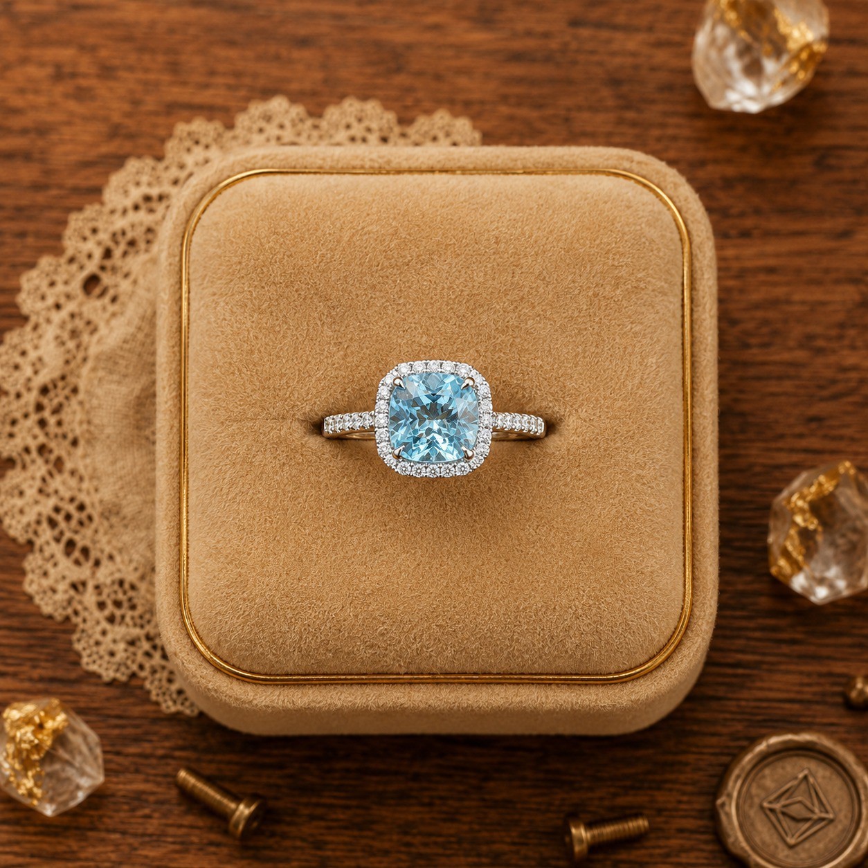 2.04 Ct Cushion Cut Natural Aquamarine Diamond Ring 14K Solid Yellow Gold
