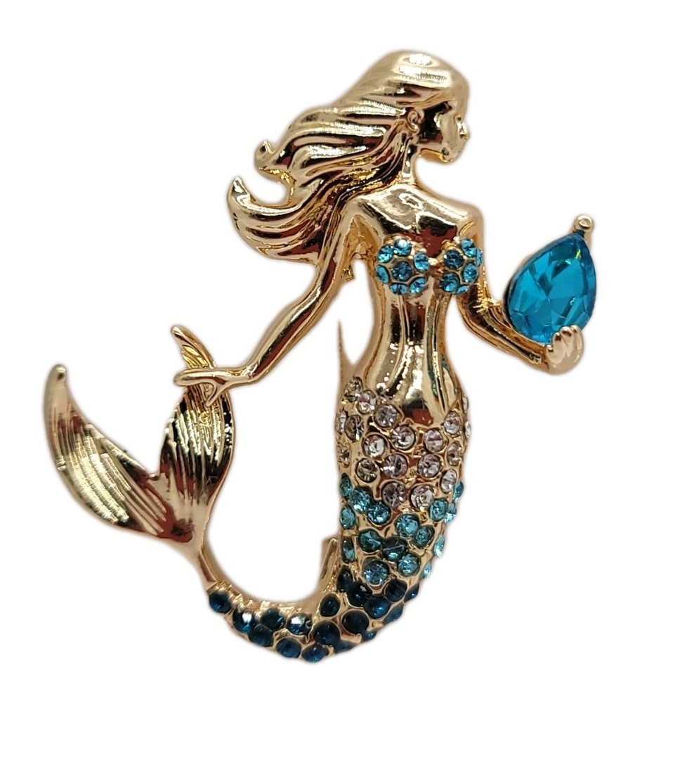 Gold-Tone Mermaid Brooch with Blue Gem – Rhinestone Tail & Top – Ocean Fantasy