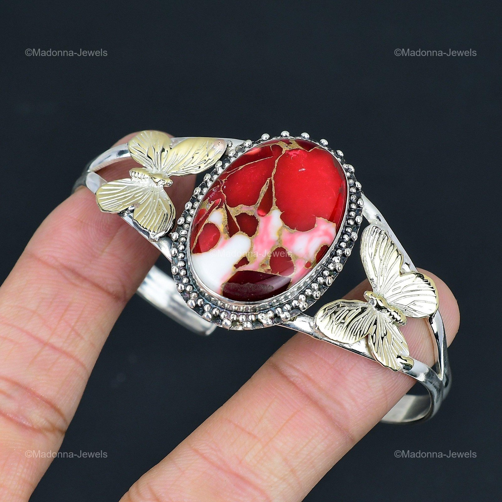 Natural Kingman Red Mohave Copper Turquoise Butterfly Bangle Jewelry 925 Silver