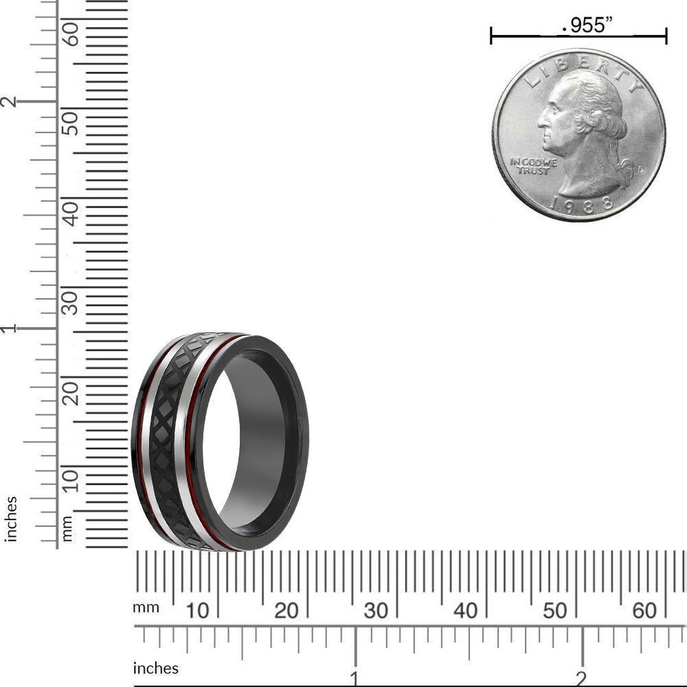 Stainless Steel Black Ion Plated Modern Striped Mutli-Color Red Resin Ring Sz 12