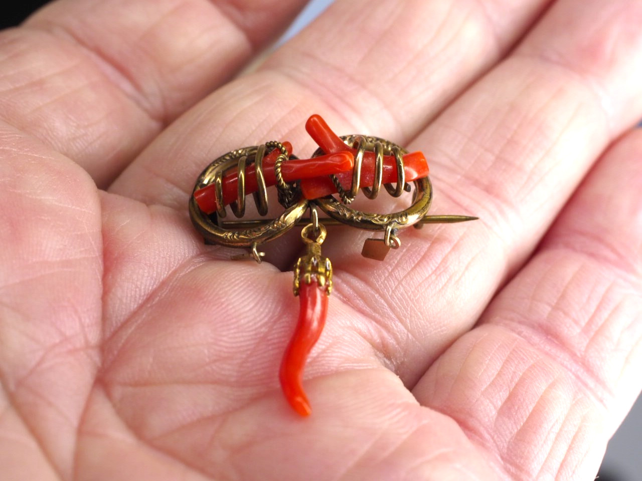 Antique double love knot brooch coral branch pin with dangles C-clasp jewelry