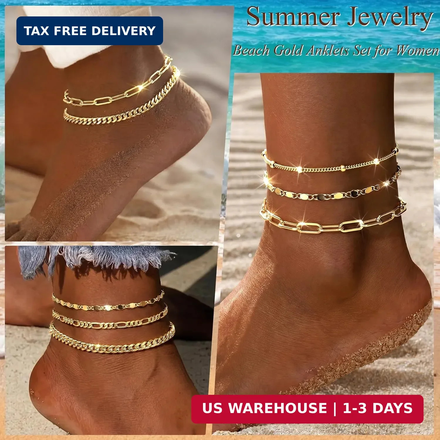 Ankle Bracelets for Women Waterproof, 14k Gold Plated Jewelry Set Layered Cuban