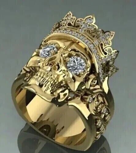 Men’s Skull Halloween Ring 14K Yellow Gold Plated Silver 2Ct Lab Created Diamond