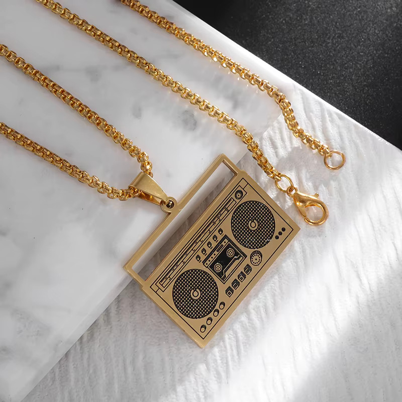 Retro Boombox Pendant Necklace – Music Theme Fashion Jewelry – Unisex Chain