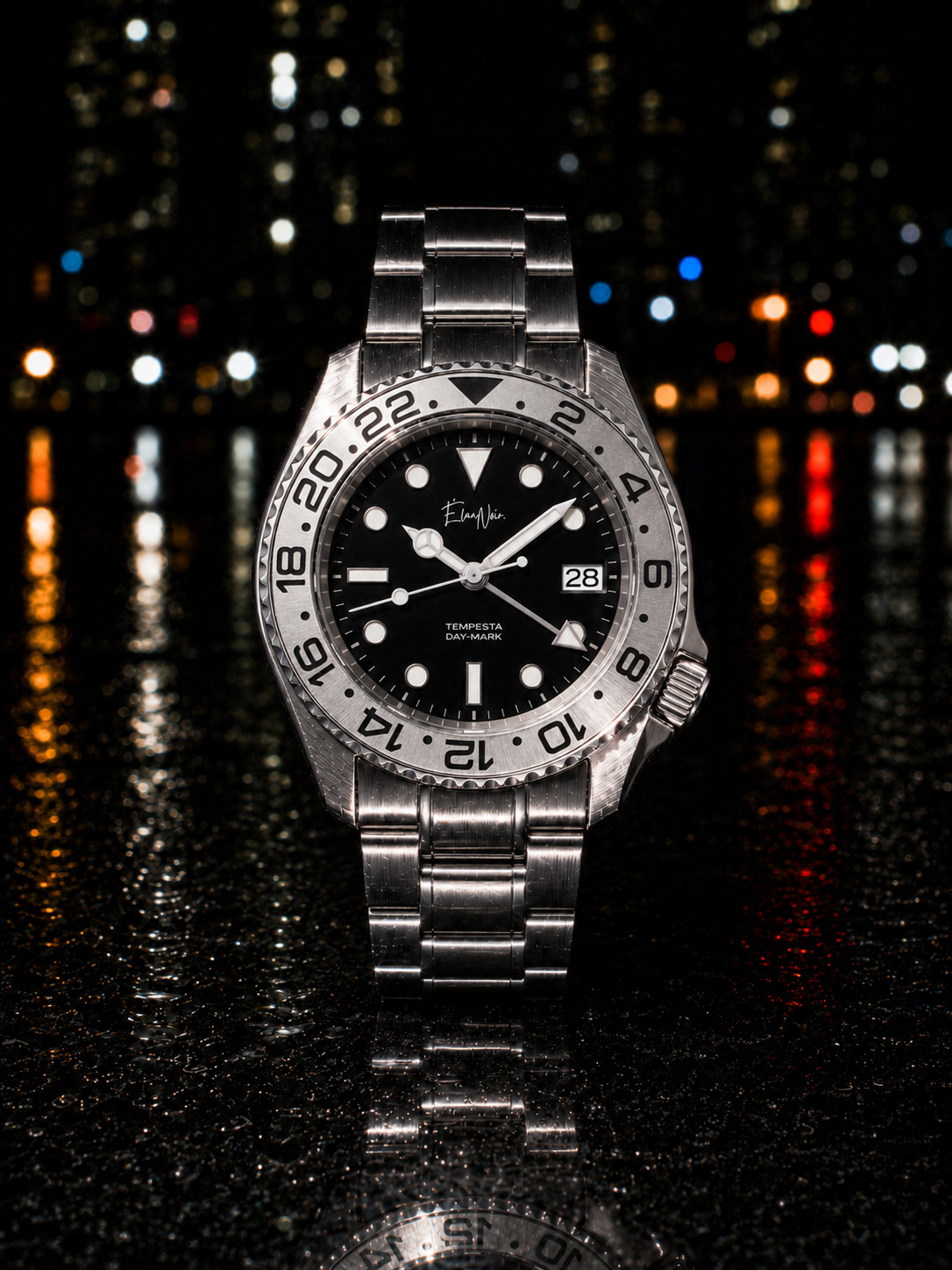 Custom Élan Noir Tempesta Exhibition GMT Watch 41mm Steel Black/Gray NH35 Auto