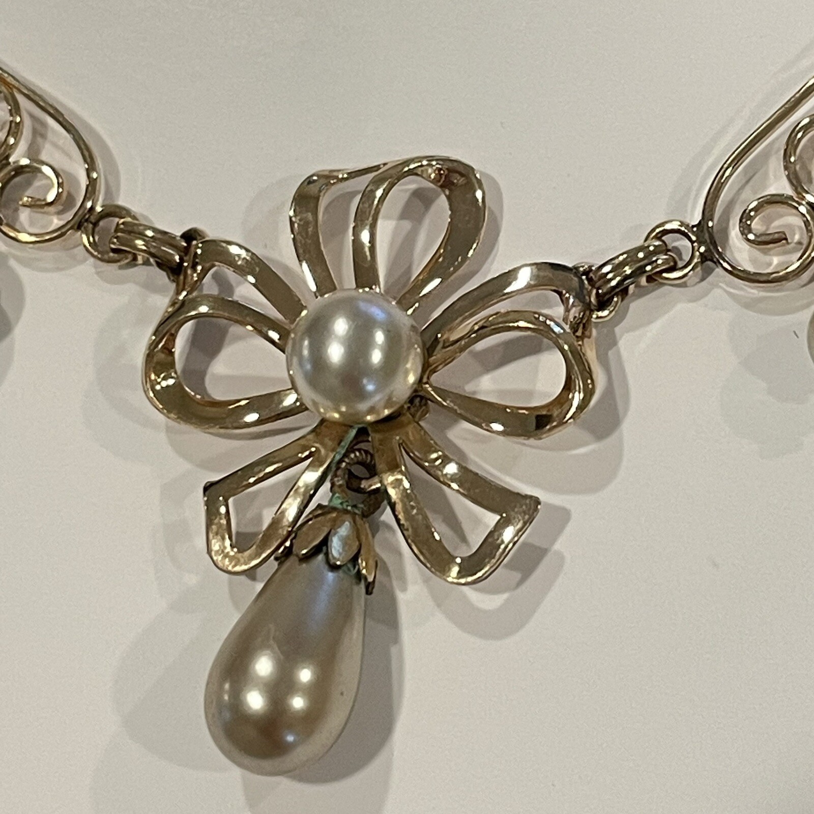 Vintage Van Dell 12k Gold Filled Bow Necklace And Earrings Set Pearls