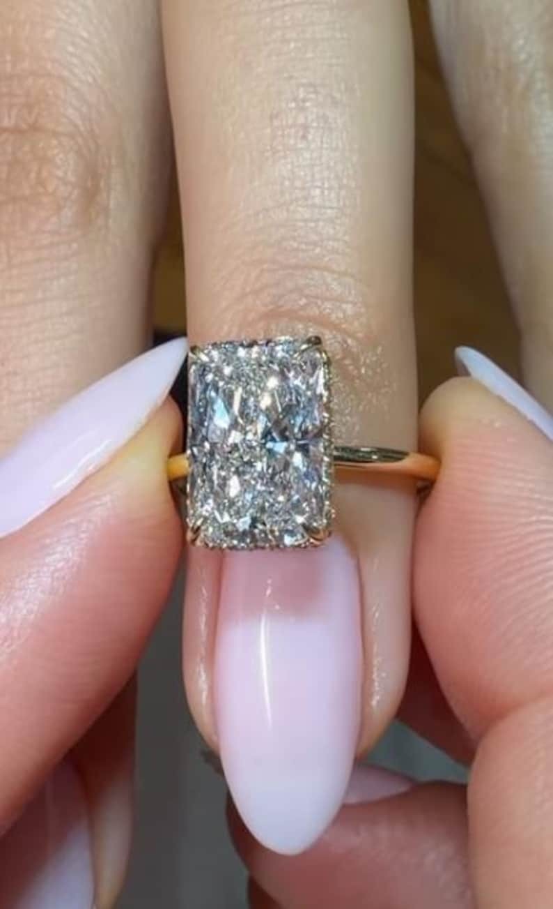 2.0 CT Radiant Cut Moissanite Prong Set 14K Gold Hidden Halo Engagement Ring