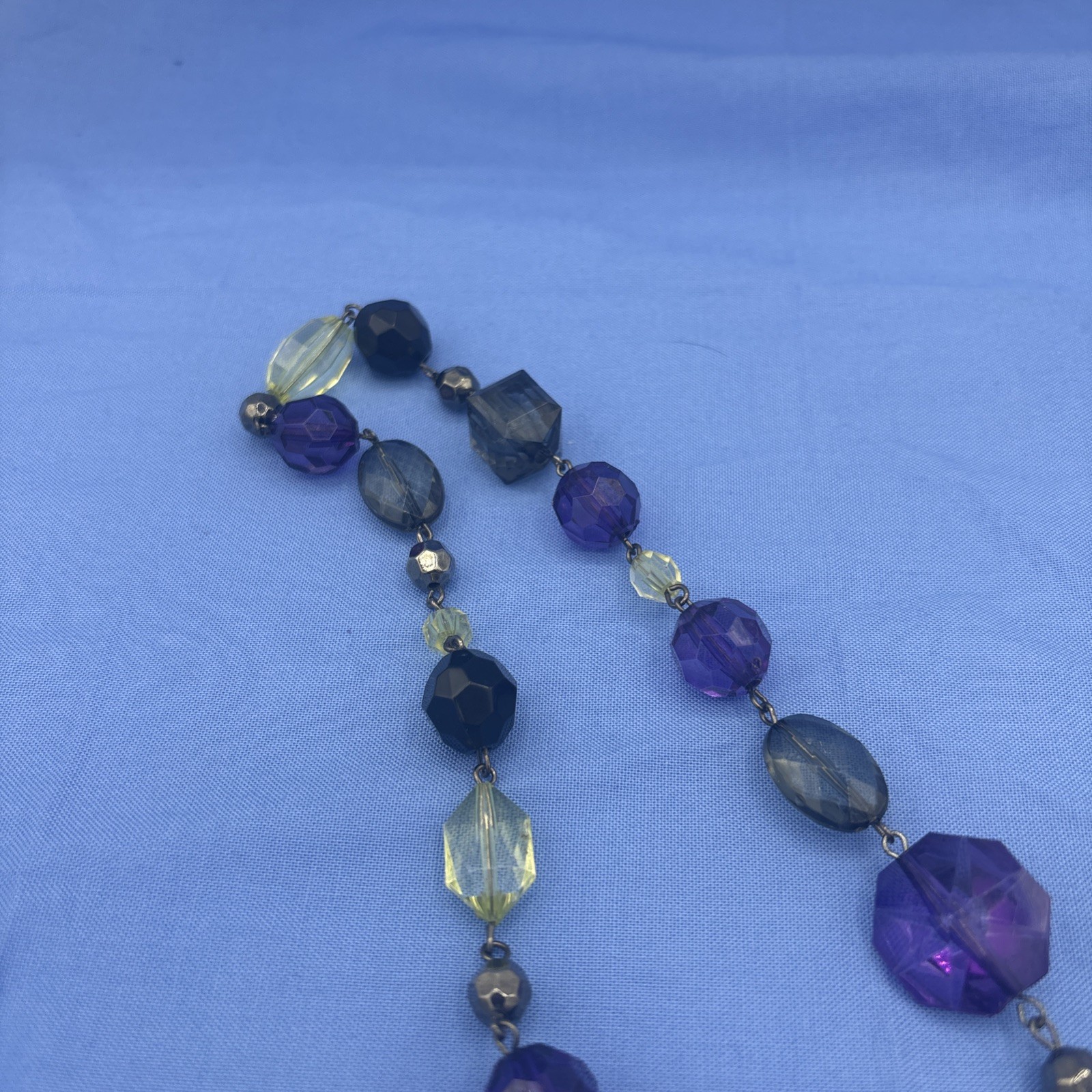 Plastic Beaded Statement Necklace Purple Gray Yellow Black Faceted Beads 24”