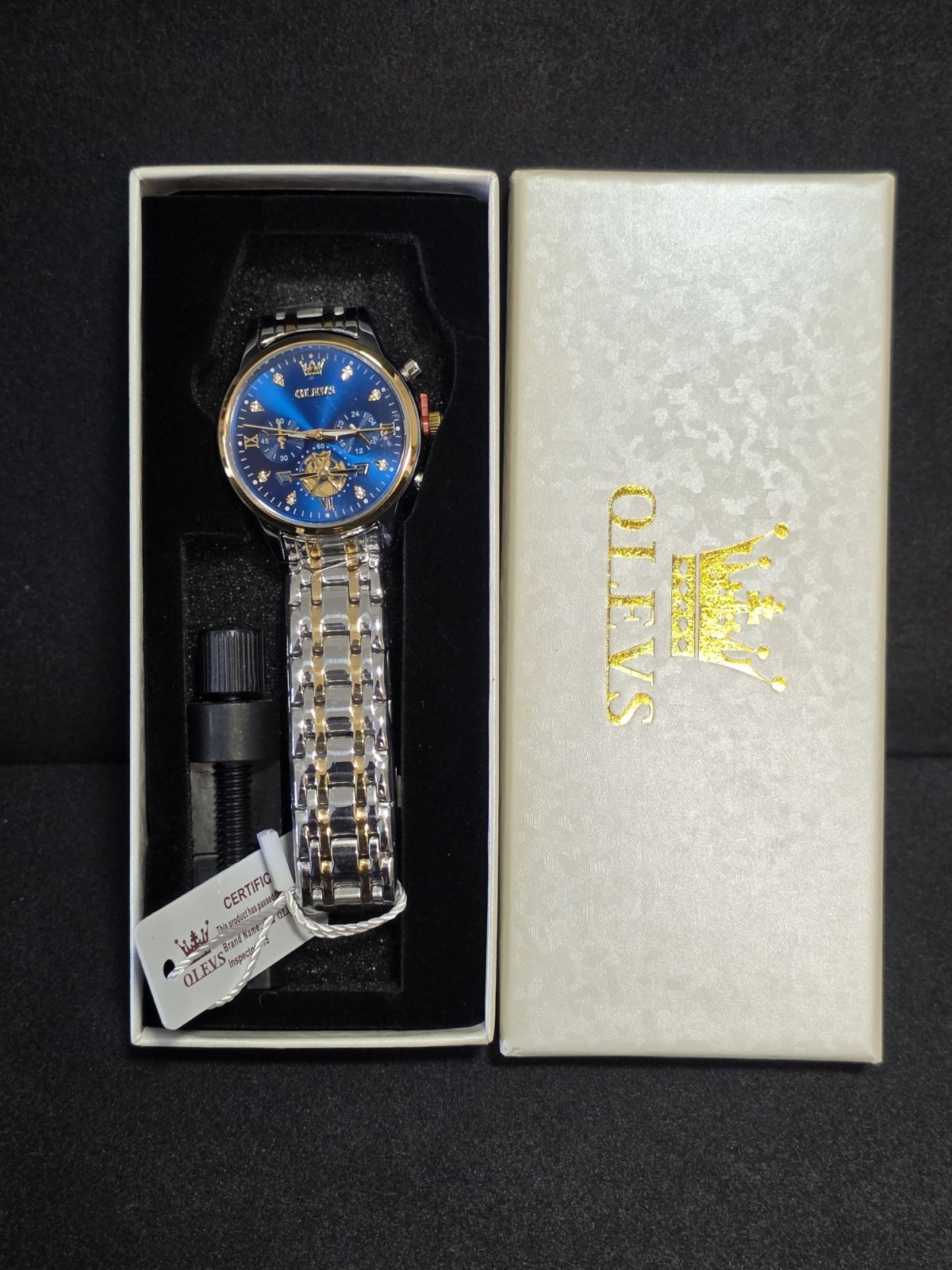OLEVS Men’s Quartz Dress Watch Blue Dial Roman 42mm Two-Tone Box/Papers