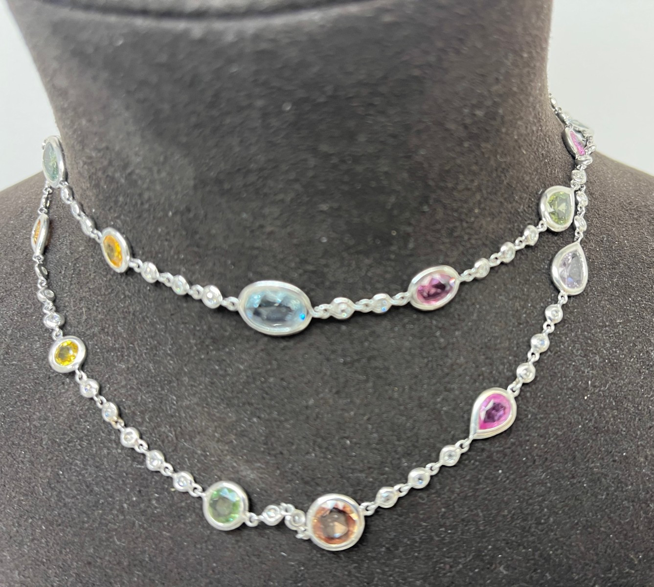 An Elegant White Gold Blue Sapphire and Diamond By-the-Yard Necklace