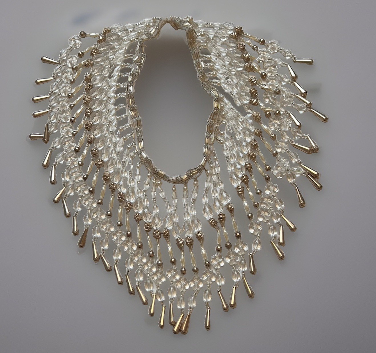 Clear Crystal Beaded Collar Bib Necklace Metallic Silver Teardrop Fringe Craft