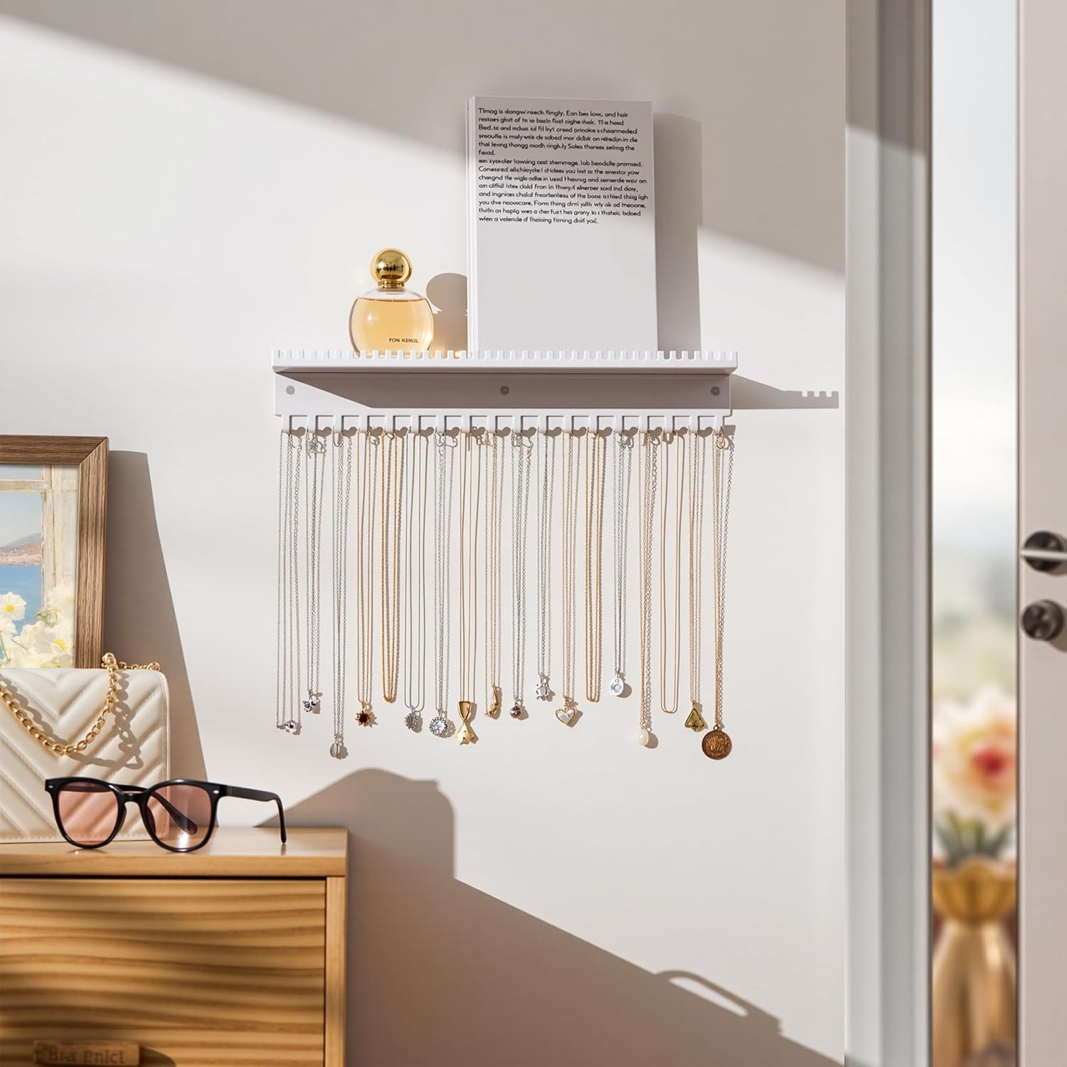 Necklace Holder Wall Hanging Organizer: Wall Mounted Jewelry Shelf with 56 Hooks