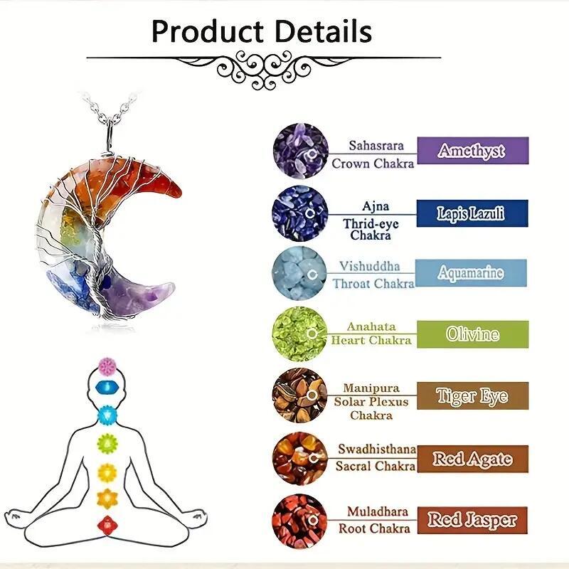 7 Chakra Healing Crystal Necklace Tree of Life Moon Stone Pendant Universal Gift