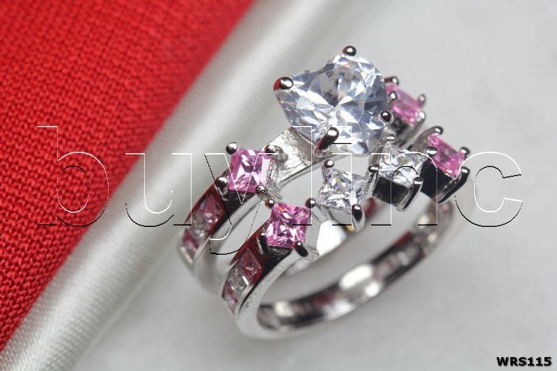 Heart White Pink CZ 925 Sterling Silver CZ Engagement Wedding Ring Set