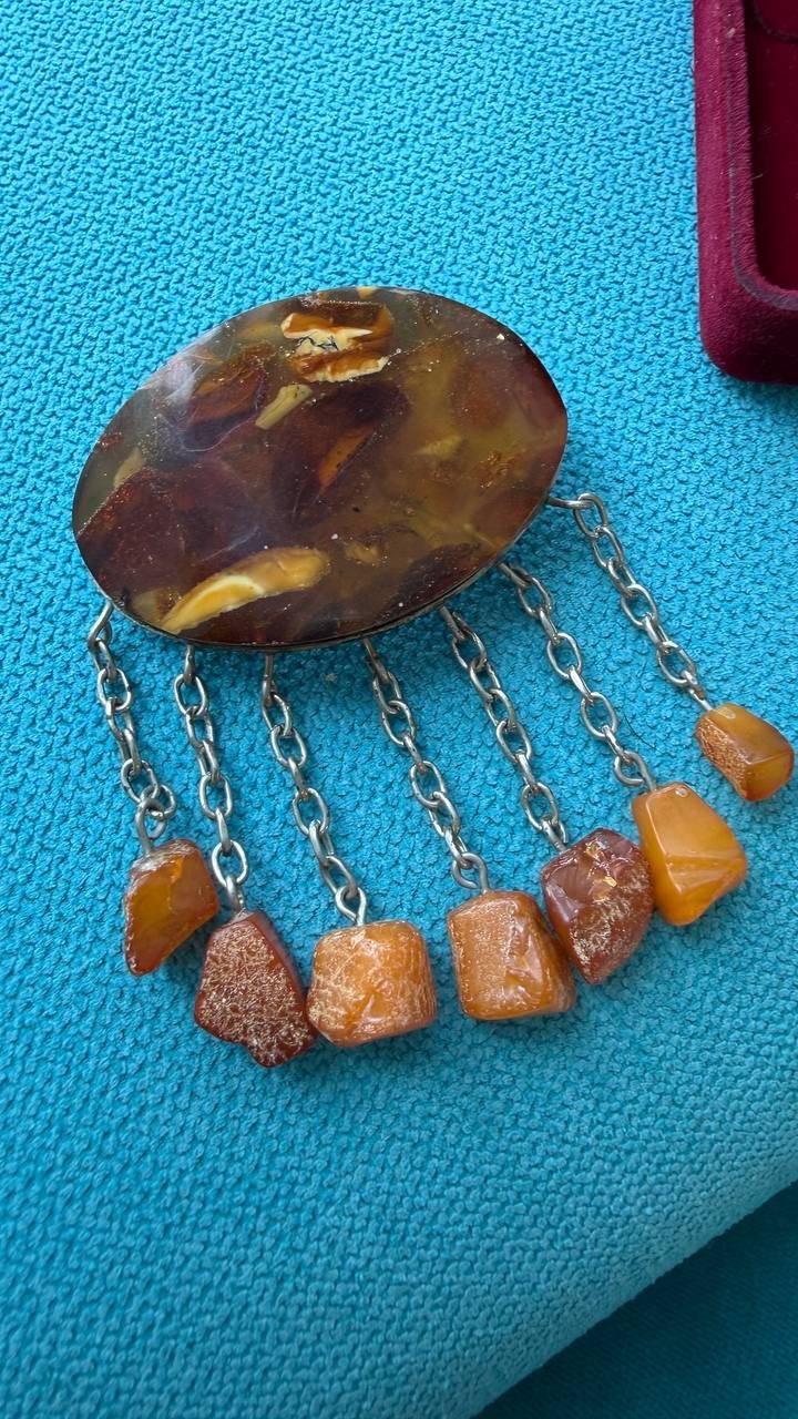 Vintage USSR Baltic Amber Mosaic Brooch Dangle Natural Amber 22g Rare