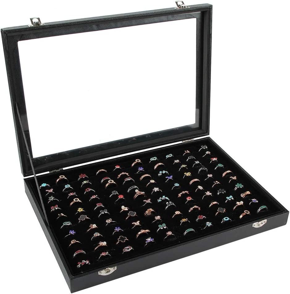 Black 100 Slots Ring Organizer Box,Ring Display Case Boxes with clear lid