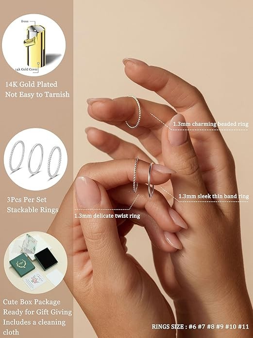 Silver Rings for Women Non Tarnish, Dainty 14K Plated Stackable 4,