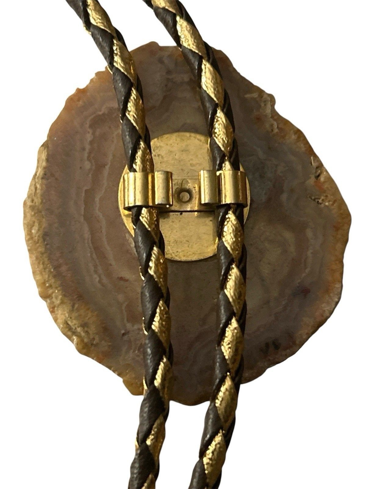 Vintage Hand Painted Owl Agate Slice Bolo Tie Brown Leather Gold Tone Western